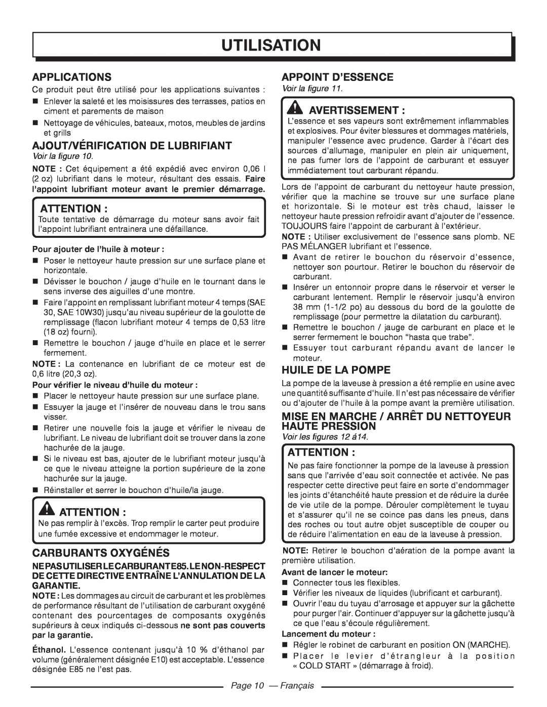 Homelite UT80522 Ajout/Vérification De Lubrifiant, Carburants Oxygénés, Appoint D’Essence, Huile De La Pompe, Attention  